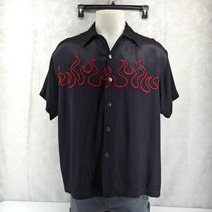 Vintage Johnny Suede Shirt Mens XL Black Red Flame Embroidered Rockabilly Y2K
